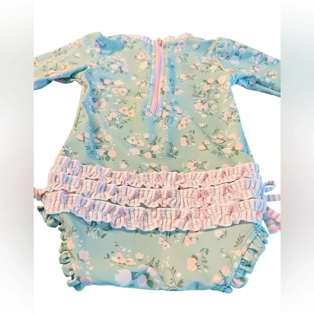 Ruffle Butts Mint and Pink Floral Baby One Piece Rashguard Swimsuit